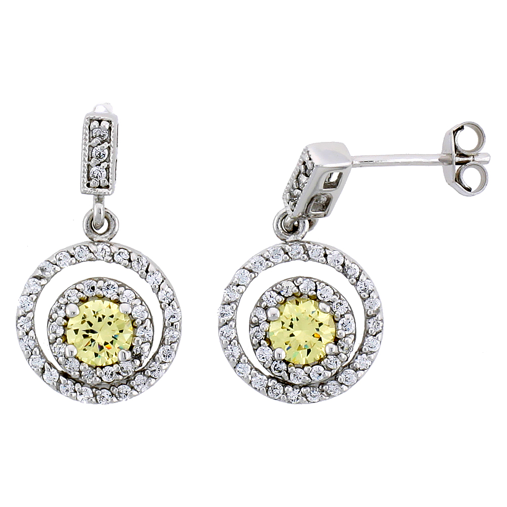 STERLING SILVER CIRCLE DANGLE EARRINGS W/ BRILLIANT CUT YELLOW TOPAZ-COLORED CZ STONES, 15/16" (24 MM) TALL