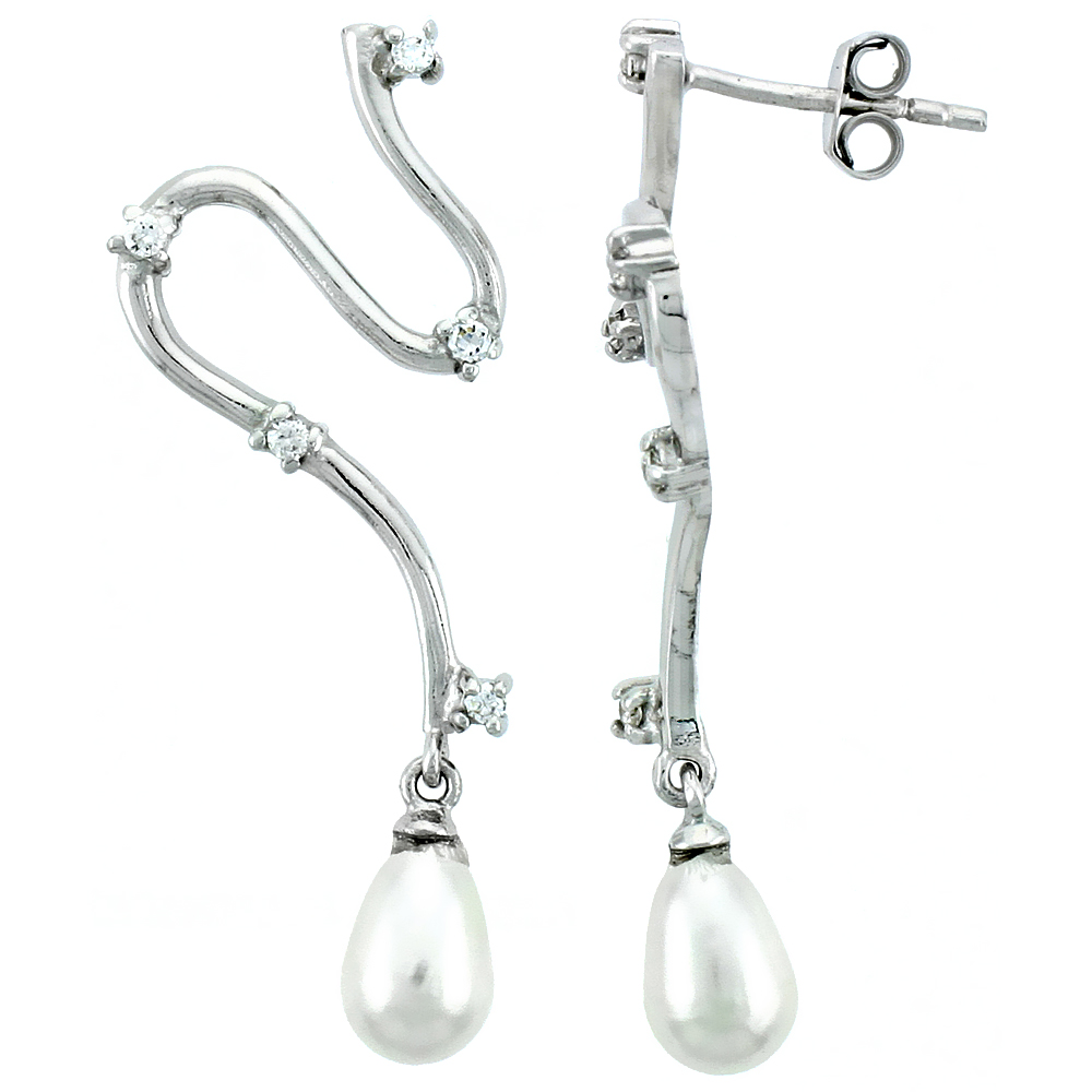 STERLING SILVER JEWELED CUBIC ZIRCONIA SPIRAL POST EARRINGS W/ FAUX PEARL DROP , 1 9/16 (40 MM)