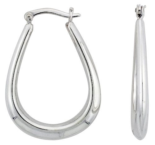 STERLING SILVER THIN TUBE TEARDROP HOOP EARRINGS FOR WOMEN TAPERED CLICK TOP HIGH POLISHED 1 3/8 INCH