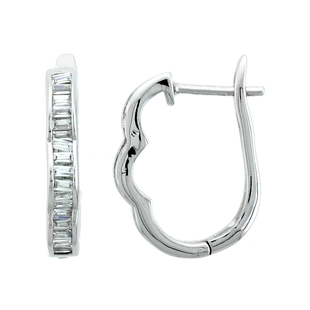STERLING SILVER JEWELED HUGGIE EARRINGS, W/ BAGUETTE CUBIC ZIRCONIA STONES, 3/4 (19 MM)
