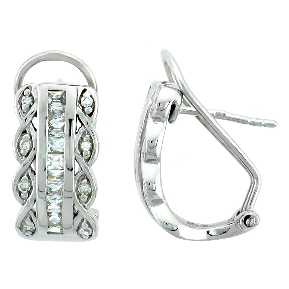 STERLING SILVER JEWELED POST-CLIP EARRINGS, W/ SQUARE & ROUND CUBIC ZIRCONIA STONES, 3/4 (19 MM)