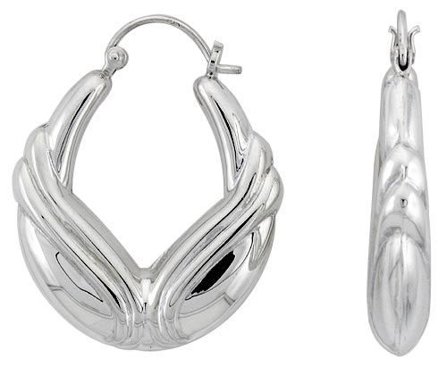 STERLING SILVER CHEVRON HOOP EARRINGS FOR WOMEN CLICK TOP HIGH POLISHED 1 1/4 INCH