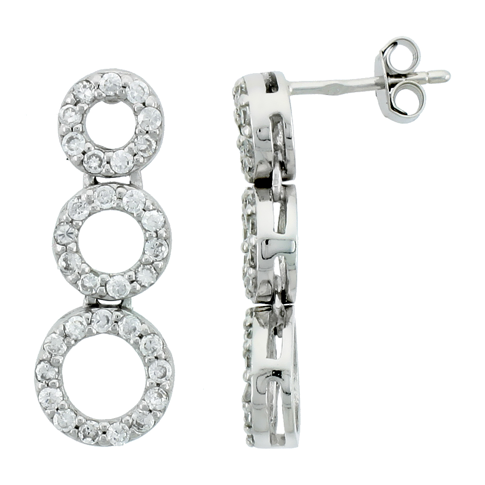 STERLING SILVER JEWELED GRADUATED CIRCLES POST EARRINGS, W/ CUBIC ZIRCONIA STONES, 15/16 (24 MM)