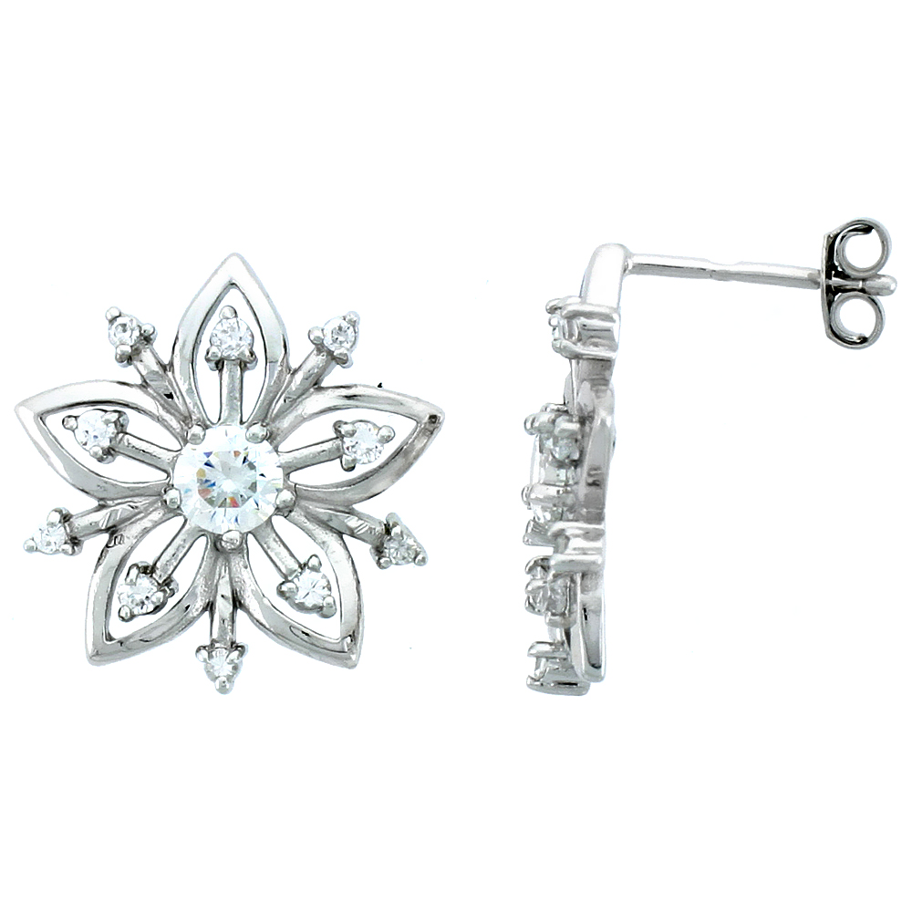 STERLING SILVER JEWELED FLOWER POST EARRINGS, W/ CUBIC ZIRCONIA STONES, 11/16 (18 MM)