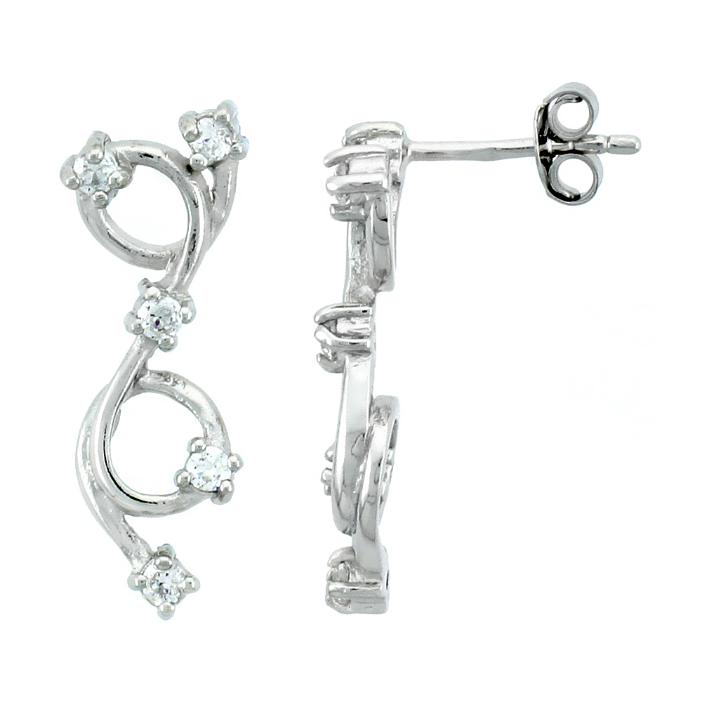 STERLING SILVER JEWELED TWISTED POST EARRINGS, W/ CUBIC ZIRCONIA STONES, 7/8 (23 MM)