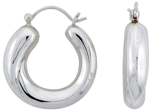 STERLING SILVER THICK TAPERED TUBE HOOP EARRINGS FOR WOMEN SMOOTH SURFACE CLICK TOP HIGH POLISHED 1 1/8 INCH