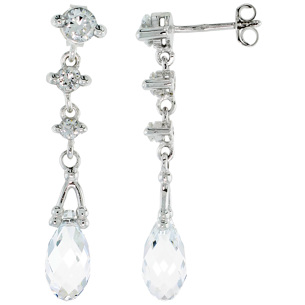 STERLING SILVER JEWELED POST EARRINGS, W/ PEAR-SHAPED CRYSTAL & CUBIC ZIRCONIA, 1 7/16 (36 MM)