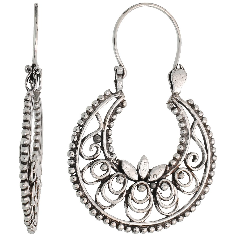 STERLING SILVER FILIGREE BALI EARRINGS W/ BEADS & FLORAL DESIGN, 1 3/8" (36 MM) TALL