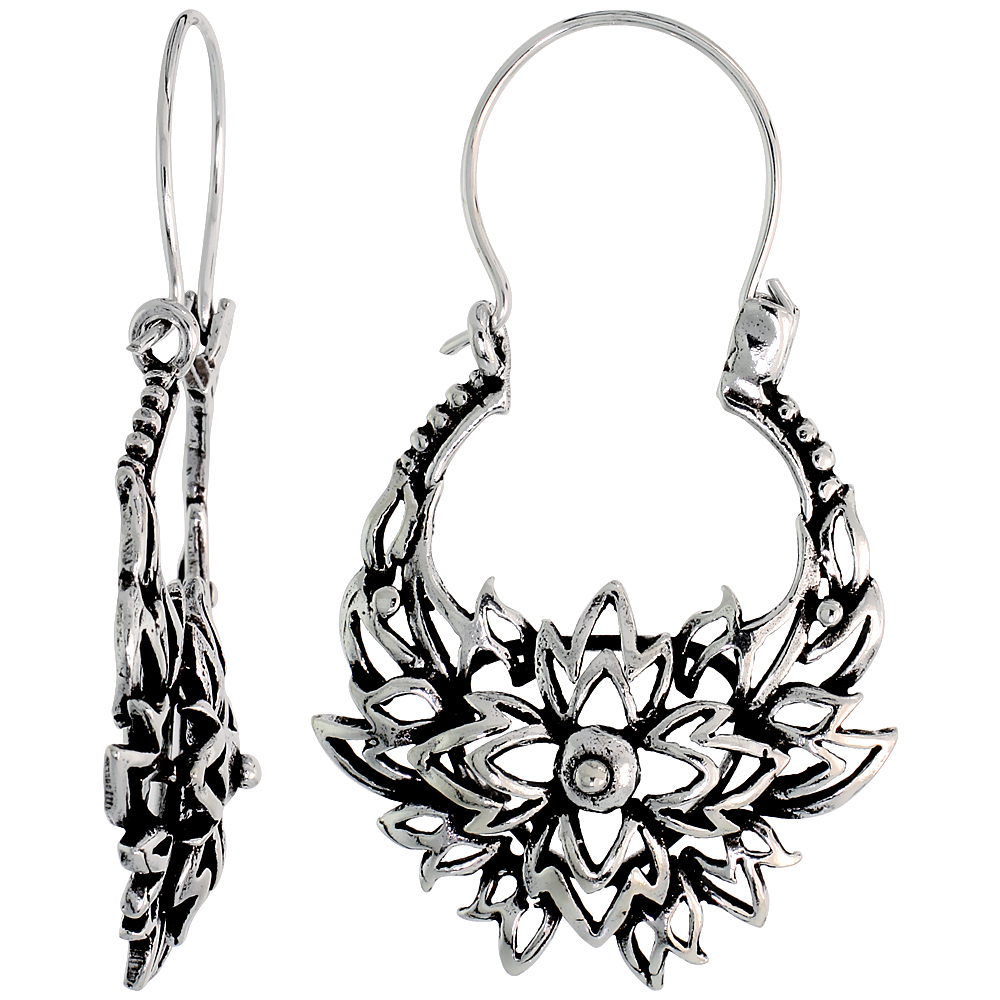 STERLING SILVER FILIGREE BALI EARRINGS W/ BEADS & FLORAL FLAMES, 1 5/16" (34 MM) TALL