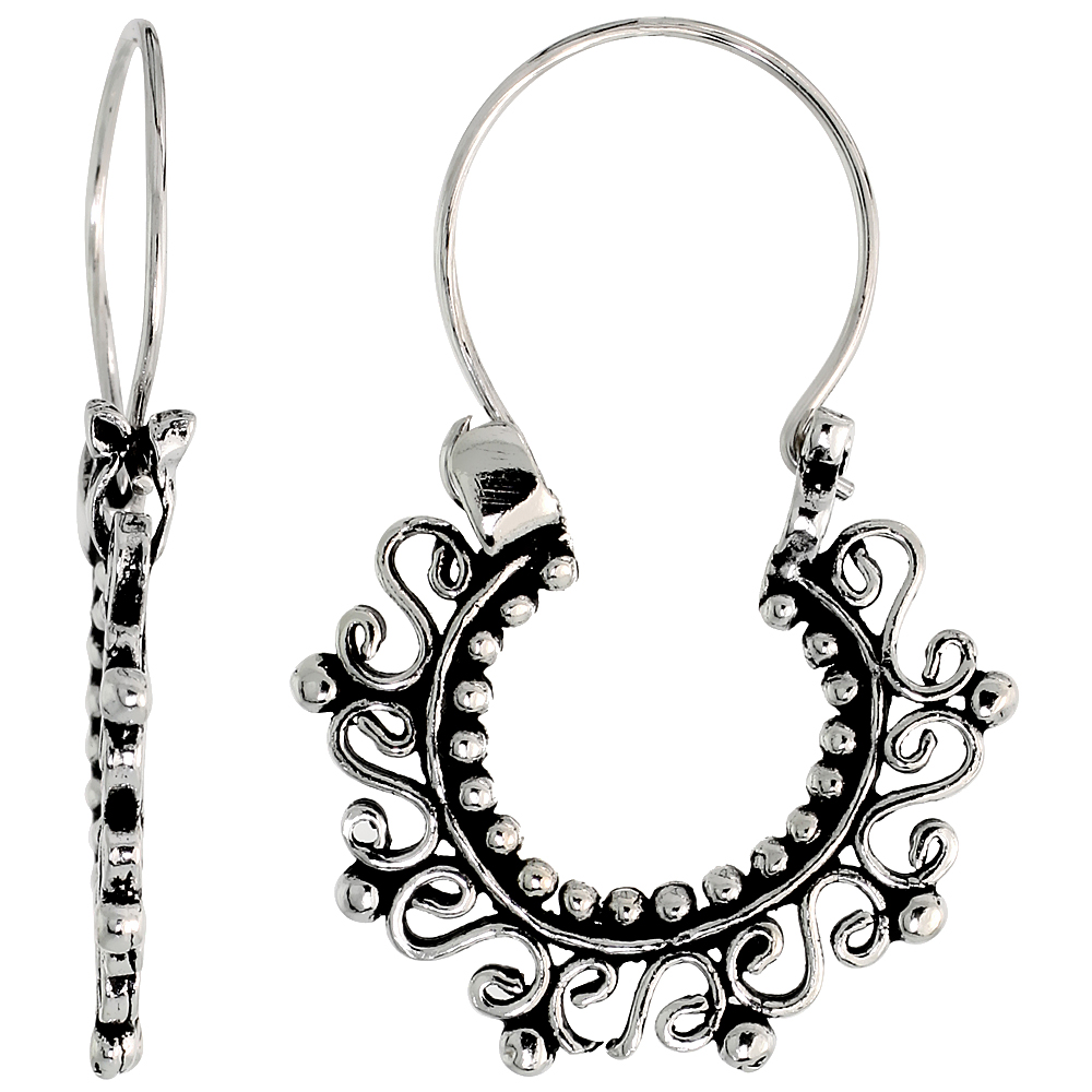 STERLING SILVER FILIGREE BALI EARRINGS W/ BEADS & SWIRLS, 15/16" (22 MM) TALL