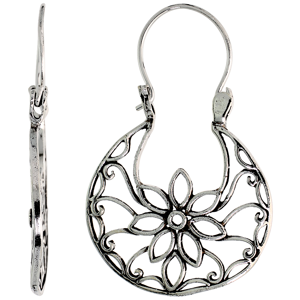 STERLING SILVER FILIGREE BALI EARRINGS W/ FLORAL DESIGN, 1 3/8" (35 MM) TALL