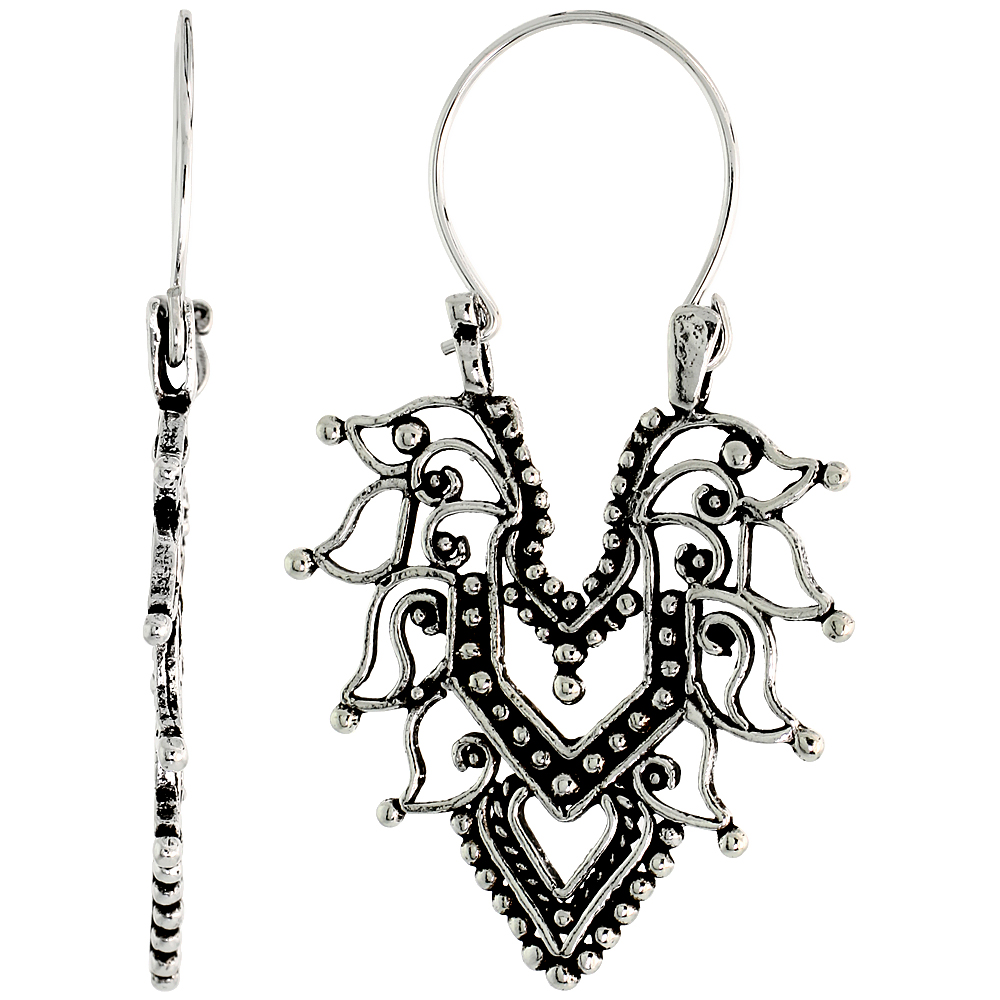 STERLING SILVER FILIGREE BALI EARRINGS W/ BEADS & TRIBAL PATTERN, 1 3/8" (35 MM) TALL