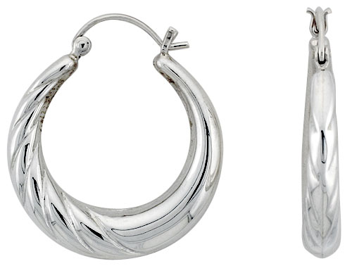 STERLING SILVER ROUND HOOP EARRINGS FOR WOMEN HALF SCALLOPED CLICK TOP HIGH POLISHED 1 1/4 INCH
