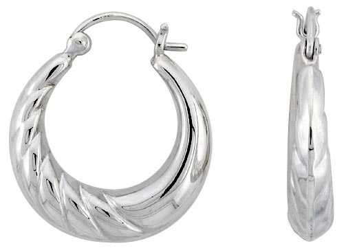 STERLING SILVER ROUND HOOP EARRINGS FOR WOMEN HALF SCALLOPED CLICK TOP HIGH POLISHED 1 INCH