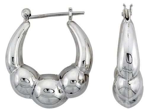 STERLING SILVER 3 BALLS HOOP EARRINGS FOR WOMEN CLICK TOP HIGH POLISHED 1 INCH