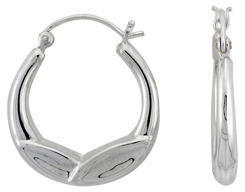 STERLING SILVER LEAVES HOOP EARRINGS FOR WOMEN CLICK TOP HIGH POLISHED 1 INCH