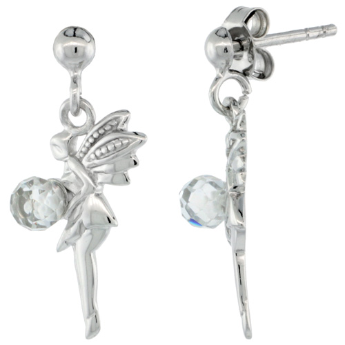 STERLING SILVER BALL POST FAIRY EARRINGS, WITH CRYSTAL BALL, RHODIUM FINISH, 22MM (7/8 INCH) LONG