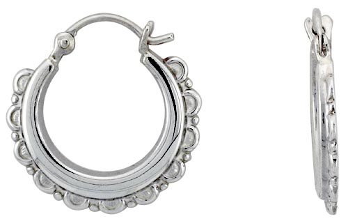 STERLING SILVER SCALLOPED EDGE HOOP EARRINGS FOR WOMEN ROUND CLICK TOP HIGH POLISHED 3/4 INCH