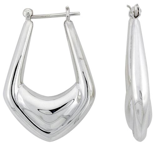 STERLING SILVER TRIANGULAR HOOP EARRINGS FOR WOMEN CLICK TOP HIGH POLISHED 1 3/8 INCH
