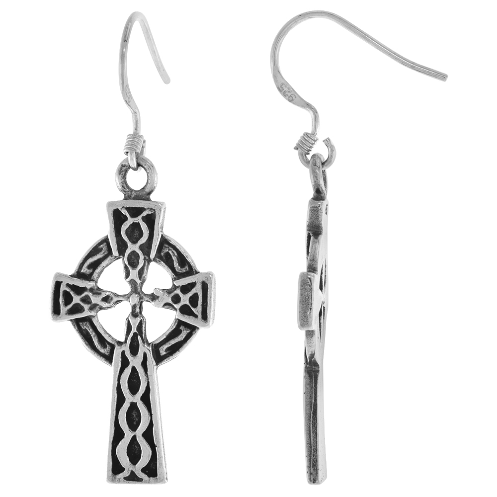 STERLING SILVER CELTIC HIGH CROSS EARRINGS DANGLING FISHHOOK OXIDIZED FINISH WOMEN 1 1/4 INCH LONG