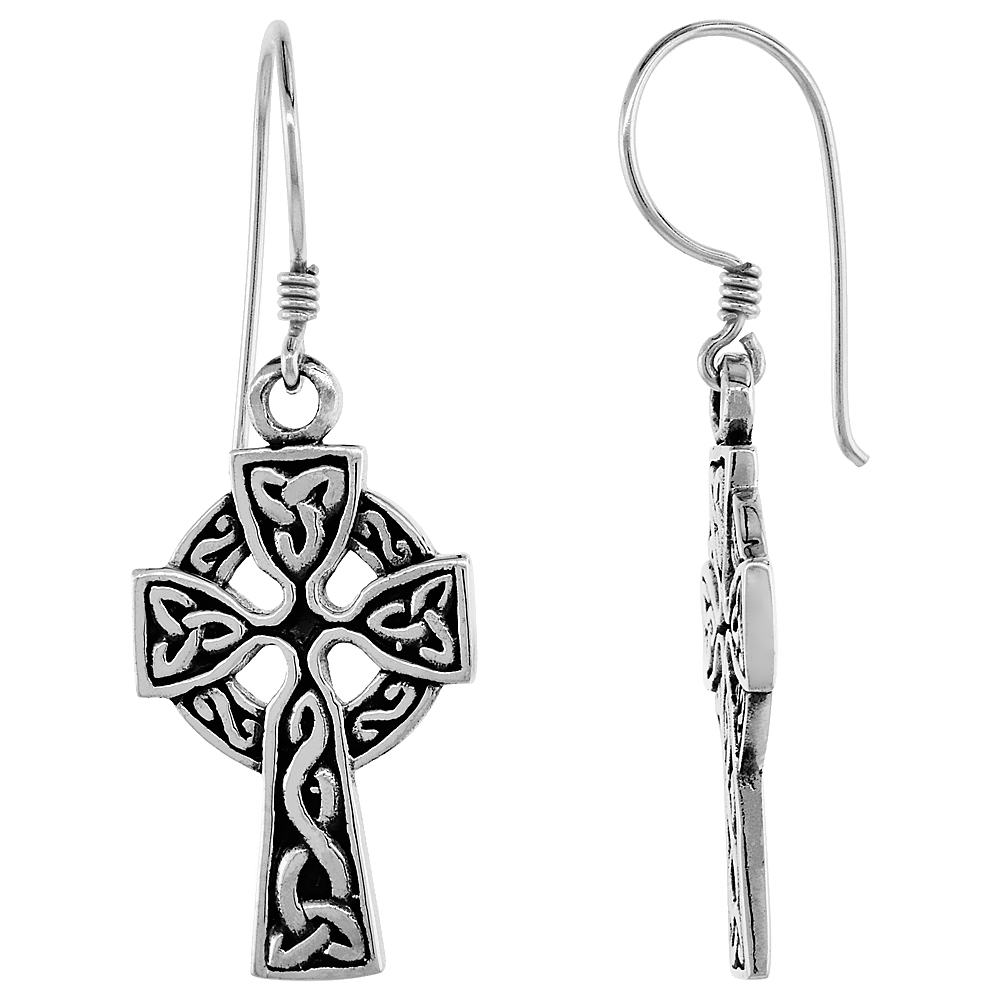 Sterling silver Trinity Symbol Celtic Triquetra Cross Earrings Dangling Fishhook Oxidized Finish Women1 inch long