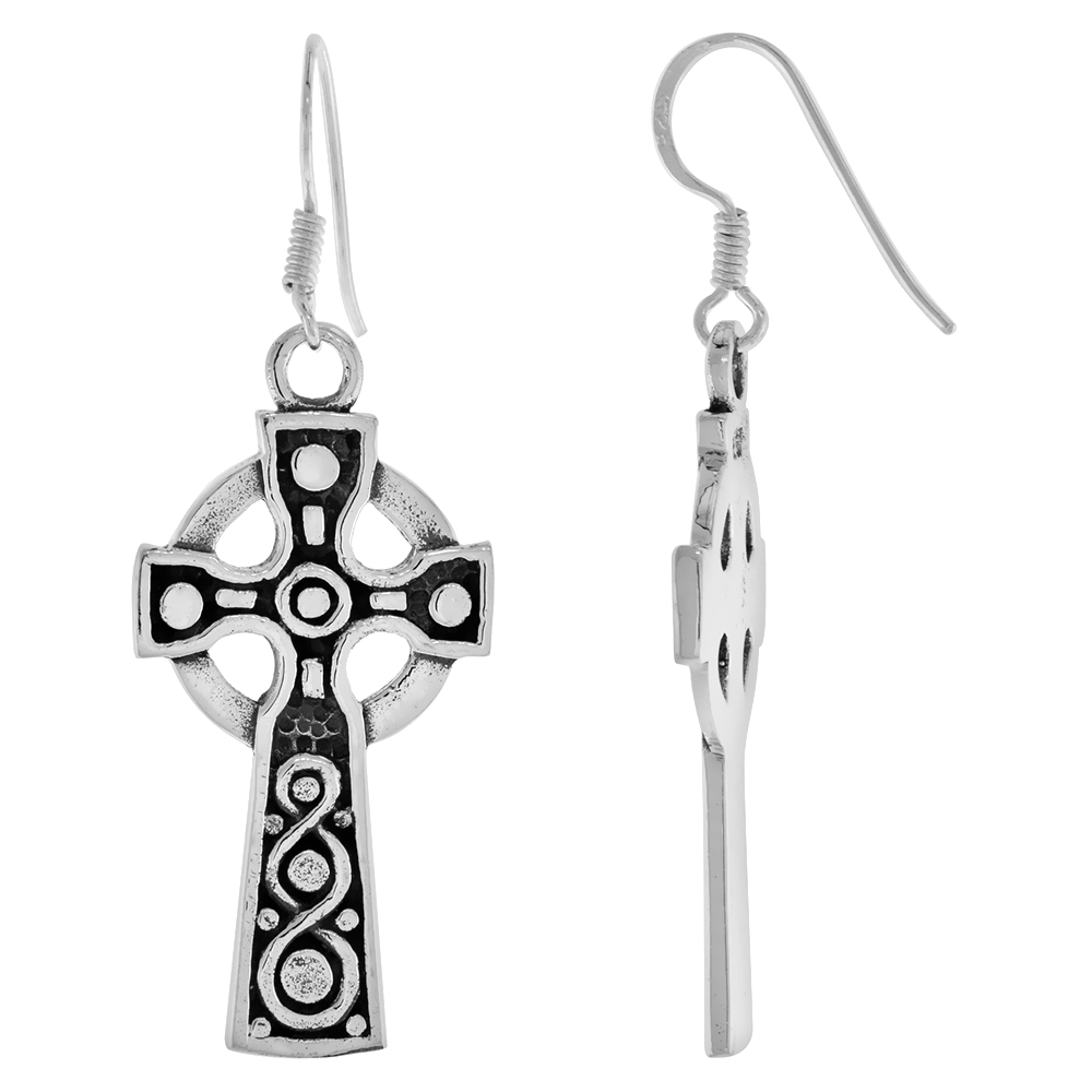 STERLING SILVER CELTIC HEALING CROSS EARRINGS DANGLING FISHHOOK OXIDIZED FINISH WOMEN 1 1/4 INCH LONG