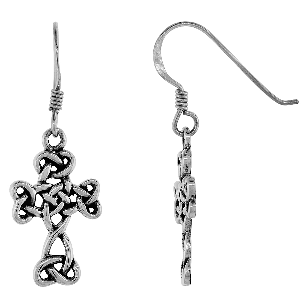 STERLING SILVER TRINITY SYMBOL CELTIC CROSS OF TRIQUETRAS EARRINGS DANGLING FISHHOOK OXIDIZED FINISH WOMEN 7/8 INCH LONG