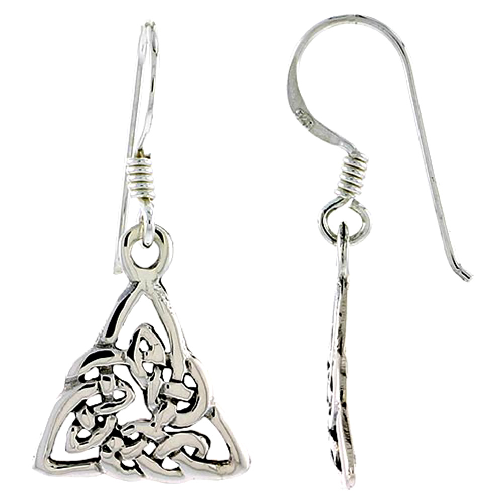 DAINTY STERLING SILVER CELTIC TRIQUETRA TRINITY KNOT EARRINGS DANGLING FISHHOOK HIGH POLISHED WOMEN 5/8 INCH LONG