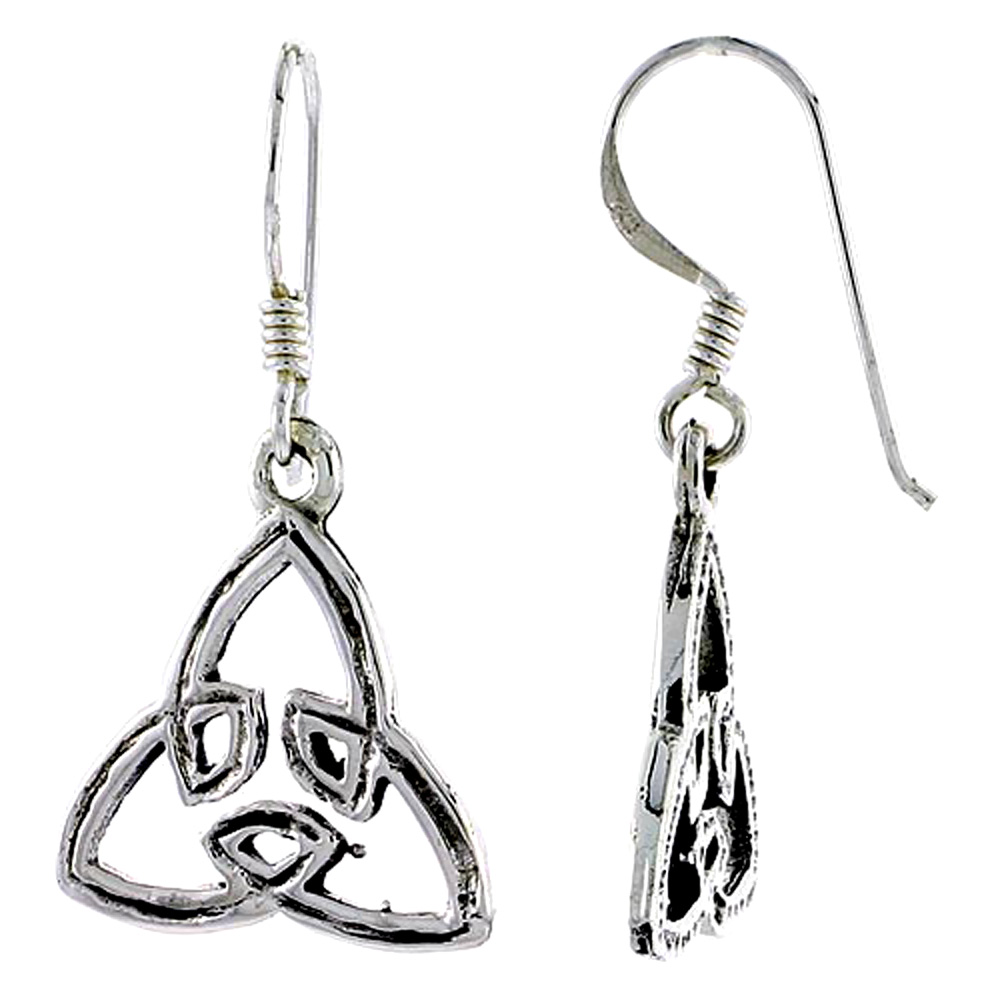 SMALL STERLING SILVER GROOVED CELTIC TRIQUETRA TRINITY KNOT EARRINGS DANGLING FISHHOOK OXIDIZED WOMEN 3/4 INCH LONG