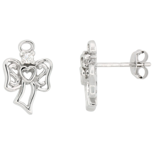 Sterling Silver Angel with Halo Earrings, Cubic Zirconia, Rhodium Finish, 14mm (9/16 inch) long