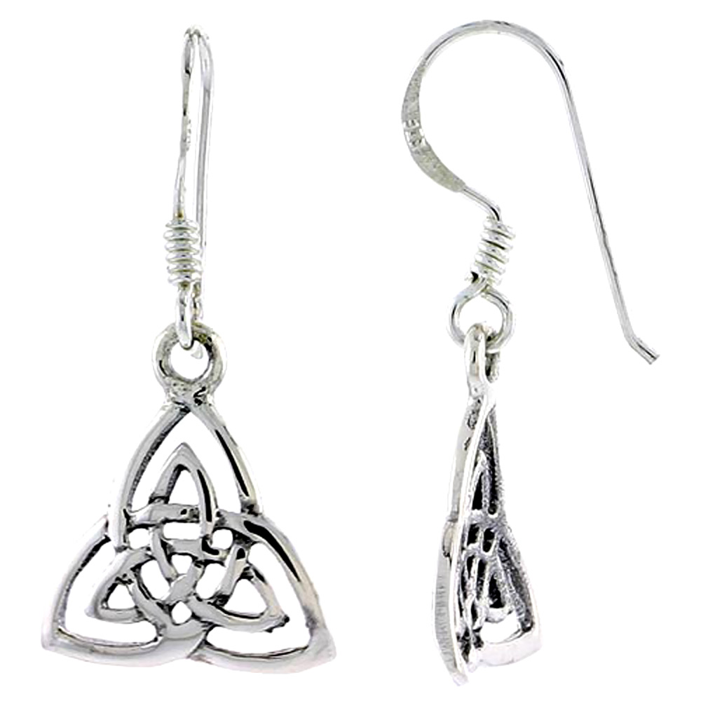 Dainty Sterling Silver Celtic Triquetra Trinity Knot Earrings Dangling Fishhook High Polished Women 5/8 inch long