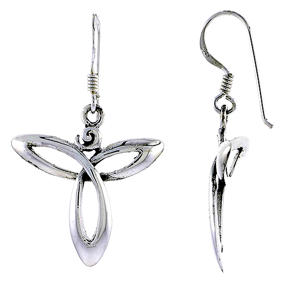 LARGE STERLING SILVER TRINITY SYMBOL SIMPLE CELTIC TRIQUETRA KNOT TRIQUETRA EARRINGS DANGLING FISHHOOK HIGH POLISHED WOMEN 7/8 INCH LONG