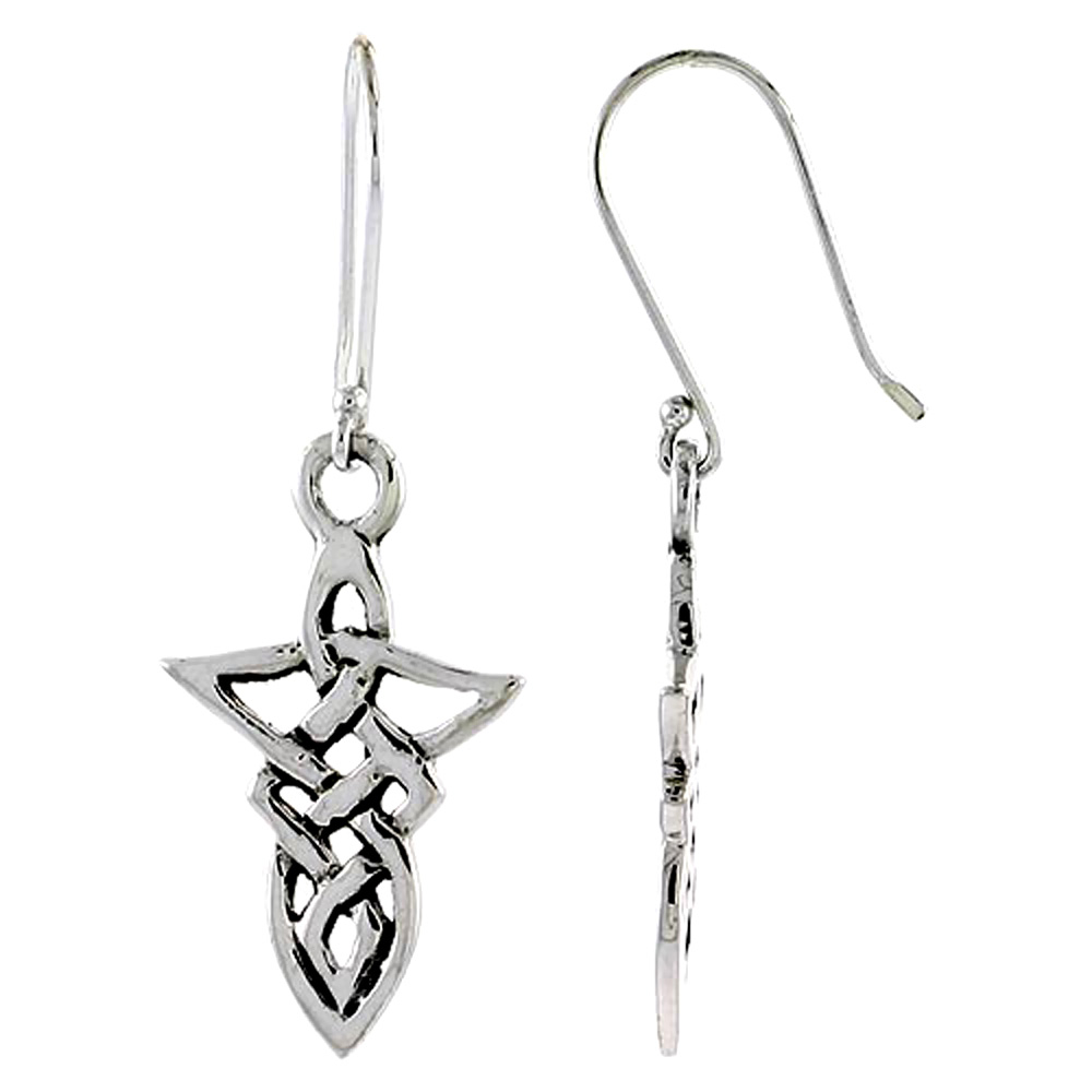 Dainty Sterling Silver Elongated Celtic Knot Earrings Dangling Fishhook Oxidized Finish Women 7/8 inch long