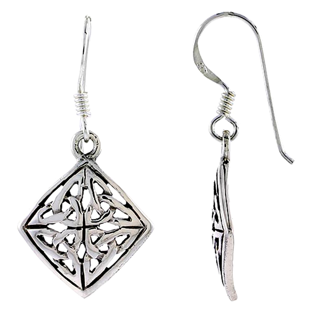 Sterling Silver Square Celtic Knot Carolingian Cross Earrings Dangling Fishhook Oxidized Finish Women 3/4 inch long