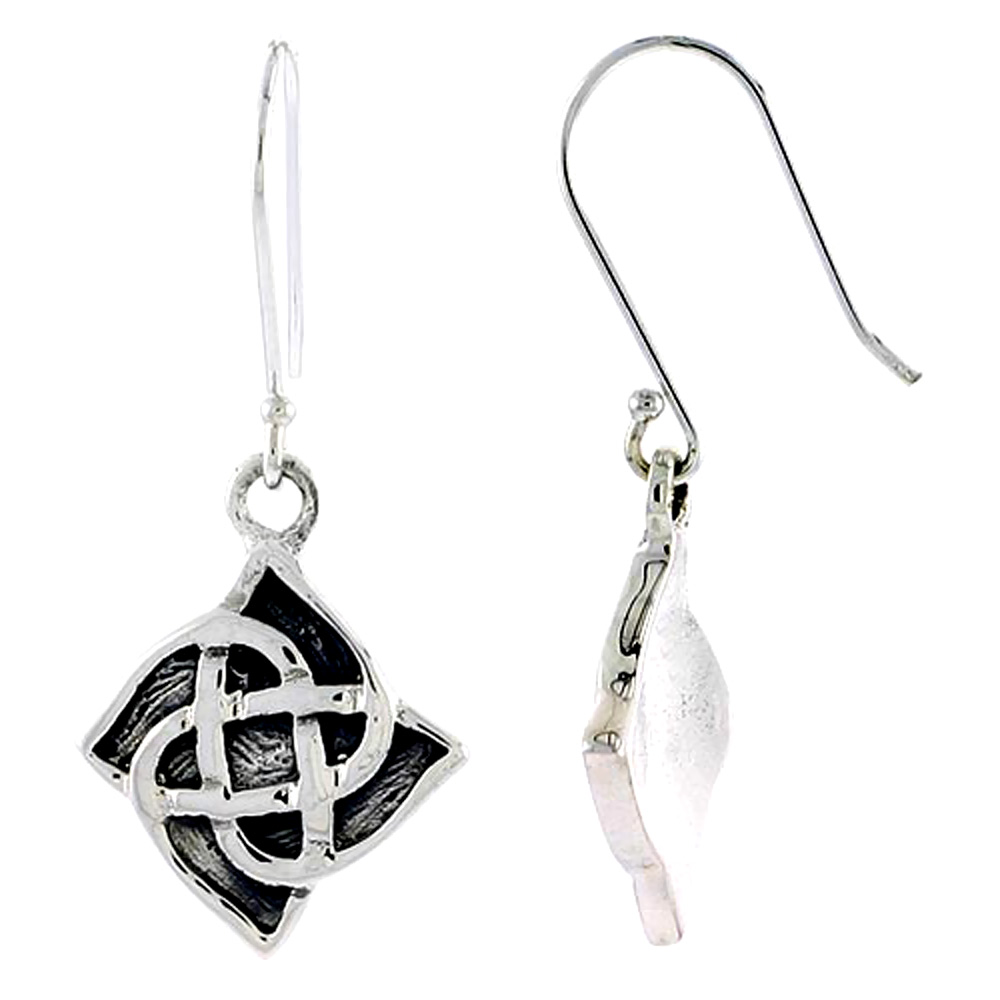 Sterling Silver Celtic Quaternary Knot Earrings Dangling Fishhook Oxidized Finish Women 3/4 inch long