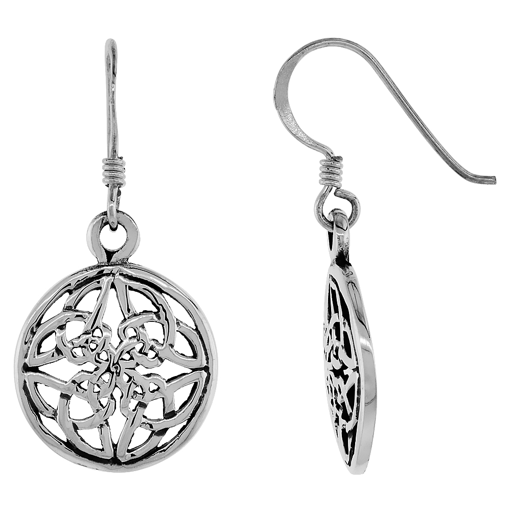 Sterling Silver Round Carolingian Cross Celtic Knot Earrings Dangling Fishhook Oxidized Finish Women 3/4 inch long