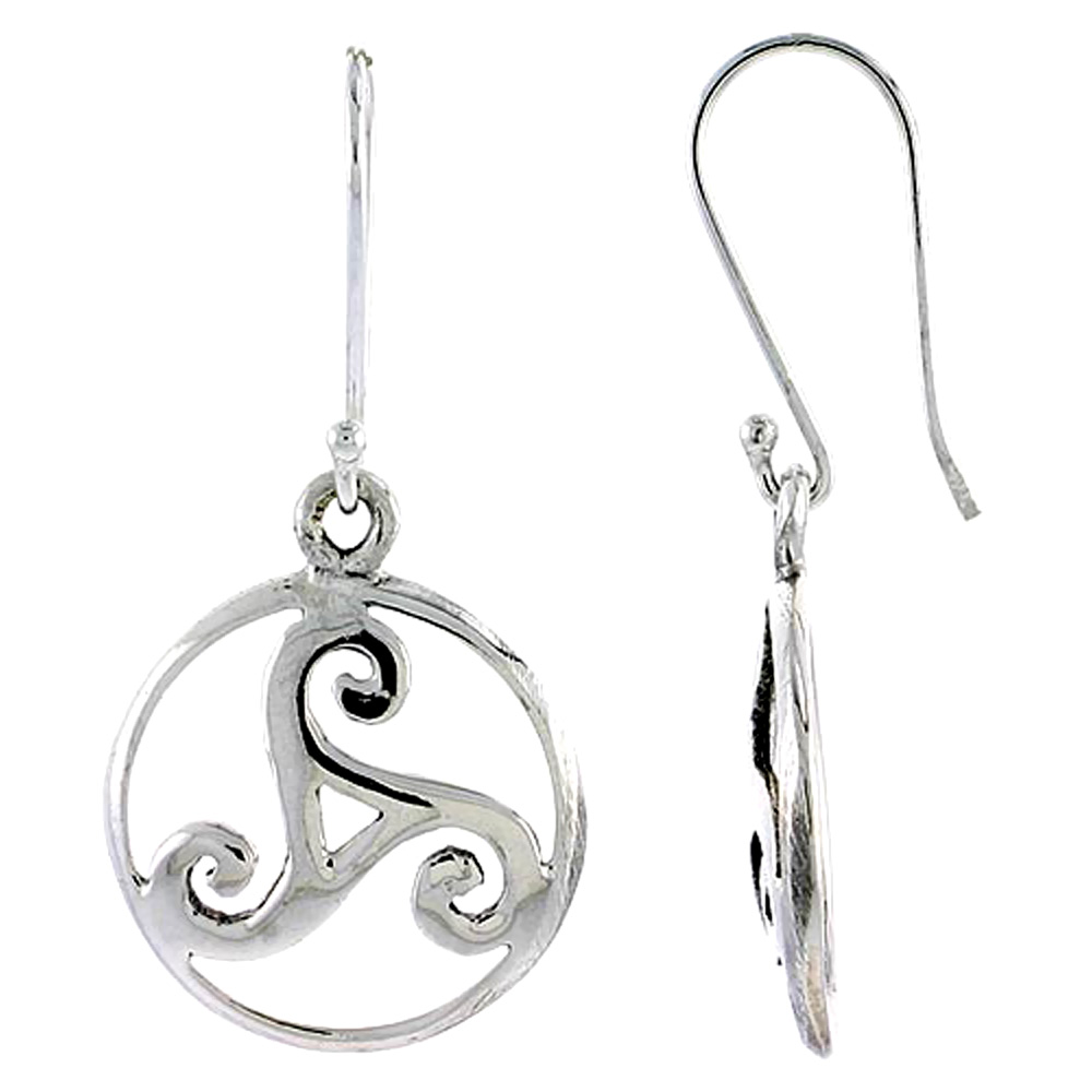 Sterling Silver Round Celtic Triskele Earrings Dangling Fishhook Oxidized Finish Women 3/4 inch long