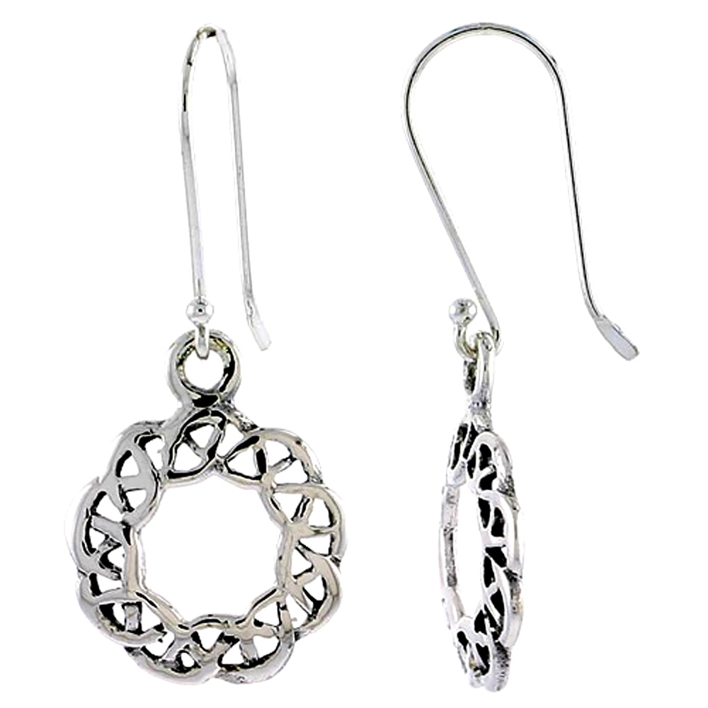 Tiny Sterling Silver Circular Celtic Dara Knot Earrings Dangling Fishhook Oxidized Finish Women 5/8 inch long