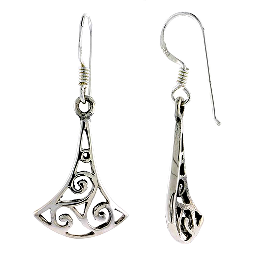 Sterling Silver Celtic Triskele Earrings Dangling Fishhook Oxidized Finish Women 7/8 inch long
