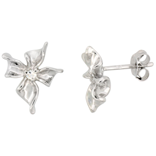 STERLING SILVER FLOWER EARRINGS CUBIC ZIRCONIA ACCENT RHODIUM FINISH, 9/16 INCH LONG