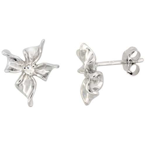Sterling Silver Flower Earrings Cubic Zirconia Accent Rhodium Finish, 9/16 inch long