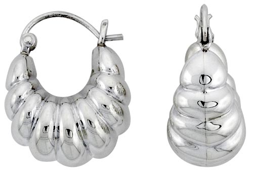 STERLING SILVER FAT SHRIMP HOOP EARRINGS FOR WOMEN CLICK TOP HIGH POLISHED 1 INCH