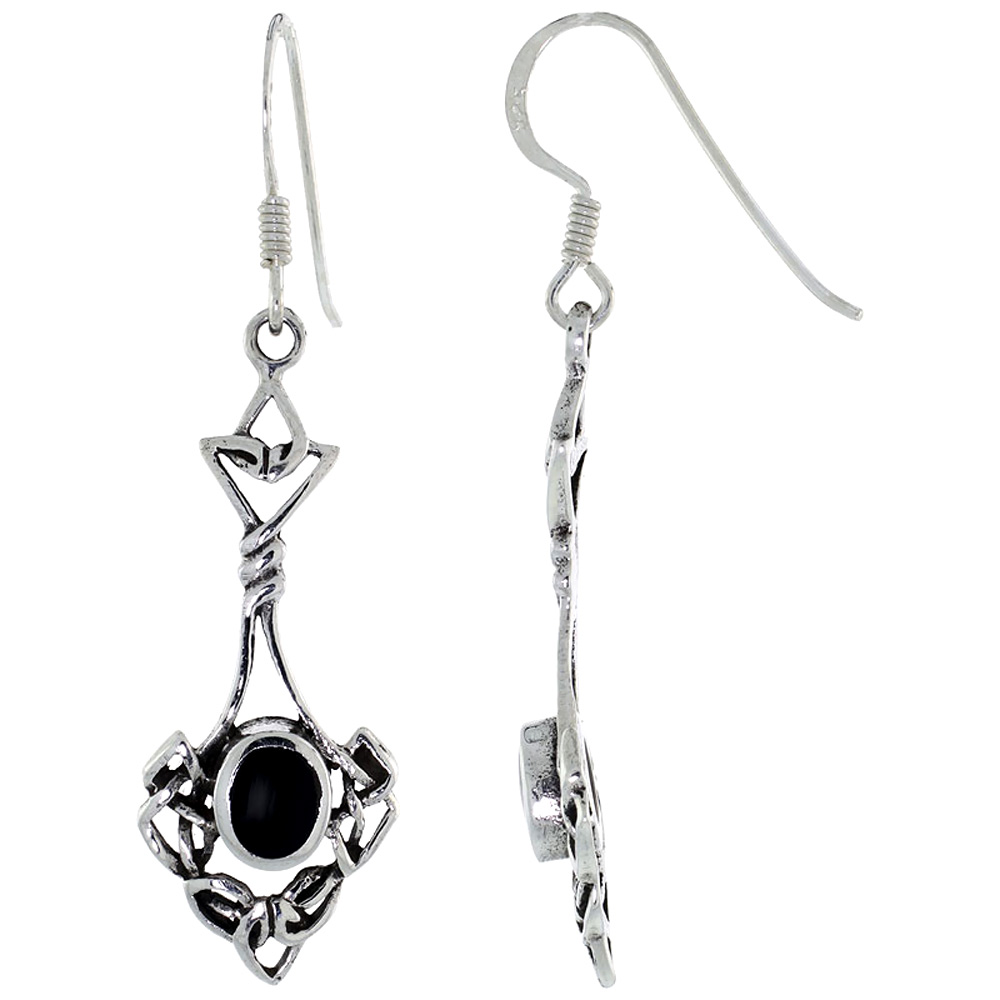 STERLING SILVER CELTIC KNOT EARRINGS OVAL BLACK ONYX DANGLING FISHHOOK OXIDIZED FINISH WOMEN1 1/4 INCH LONG