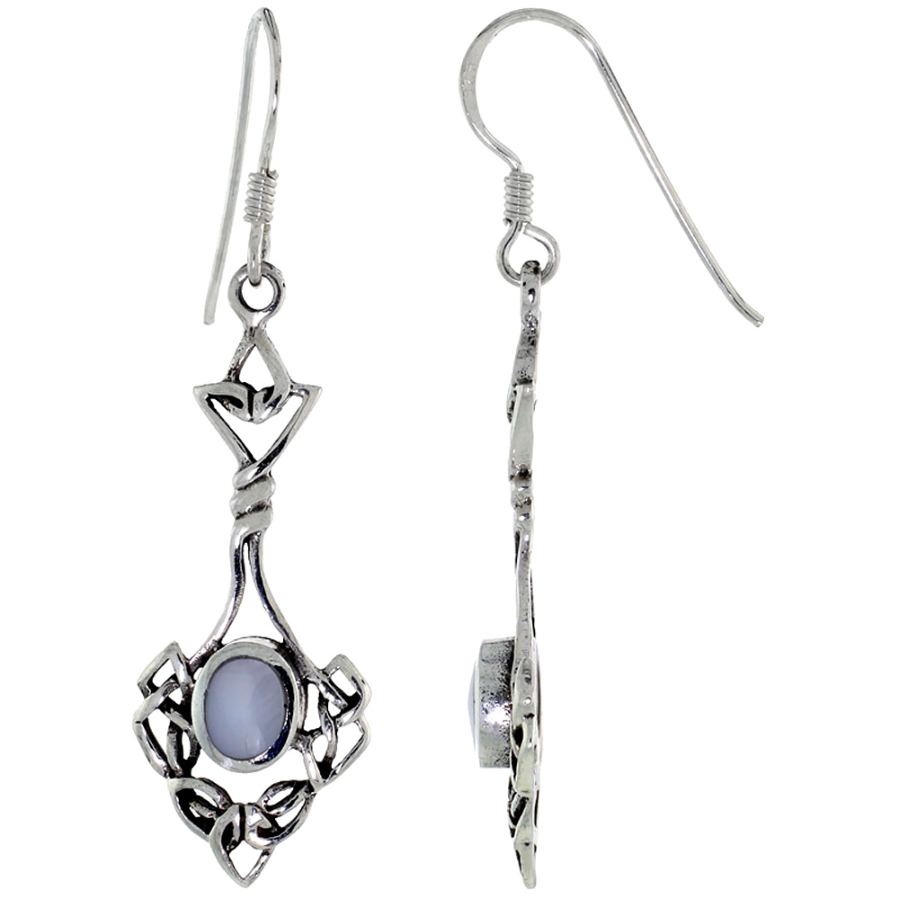 STERLING SILVER CELTIC KNOT EARRINGS OVAL MOTHER OF PEARL DANGLING FISHHOOK OXIDIZED FINISH WOMEN 1 1/4 INCH LONG