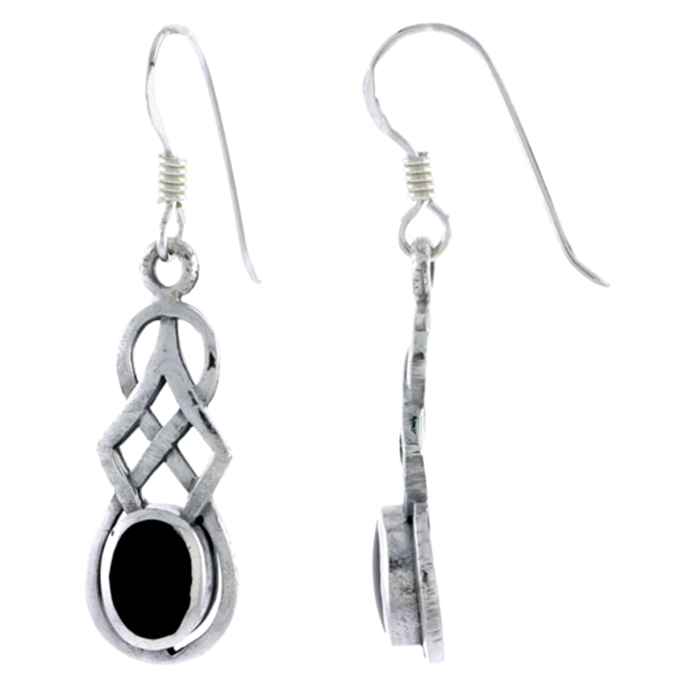 STERLING SILVER CELTIC KNOT EARRINGS OVAL BLACK ONYX DANGLING FISHHOOK OXIDIZED FINISH WOMEN 1 INCH LONG