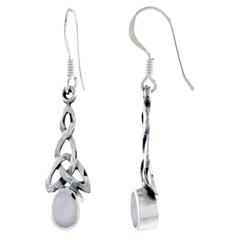 STERLING SILVER TRINITY SYMBOL TRIQUETRA CELTIC EARRINGS OVAL MOTHER OF PEARL DANGLING FISHHOOK OXIDIZED FINISH WOMEN 1 INCH LONG