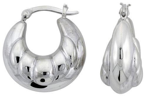 STERLING SILVER SMALL PUFFY ROUND HOOP EARRINGS FOR WOMEN SCALLOPED SURFACE CLICK TOP HIGH POLISHED 1 INCH