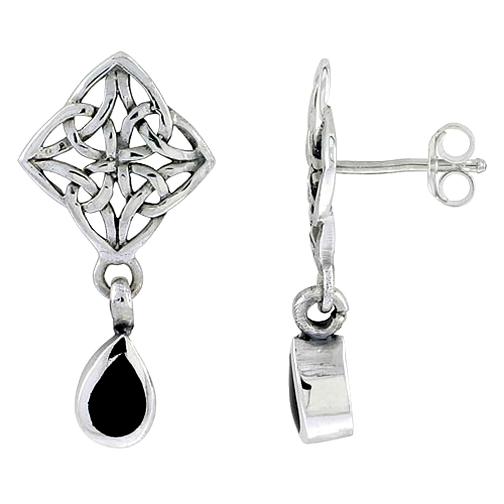 Sterling silver Trinity Symbol Celtic Cross of Triquetras Post Earrings Teardrop Black Onyx Oxidized Finish Women 1 inch long