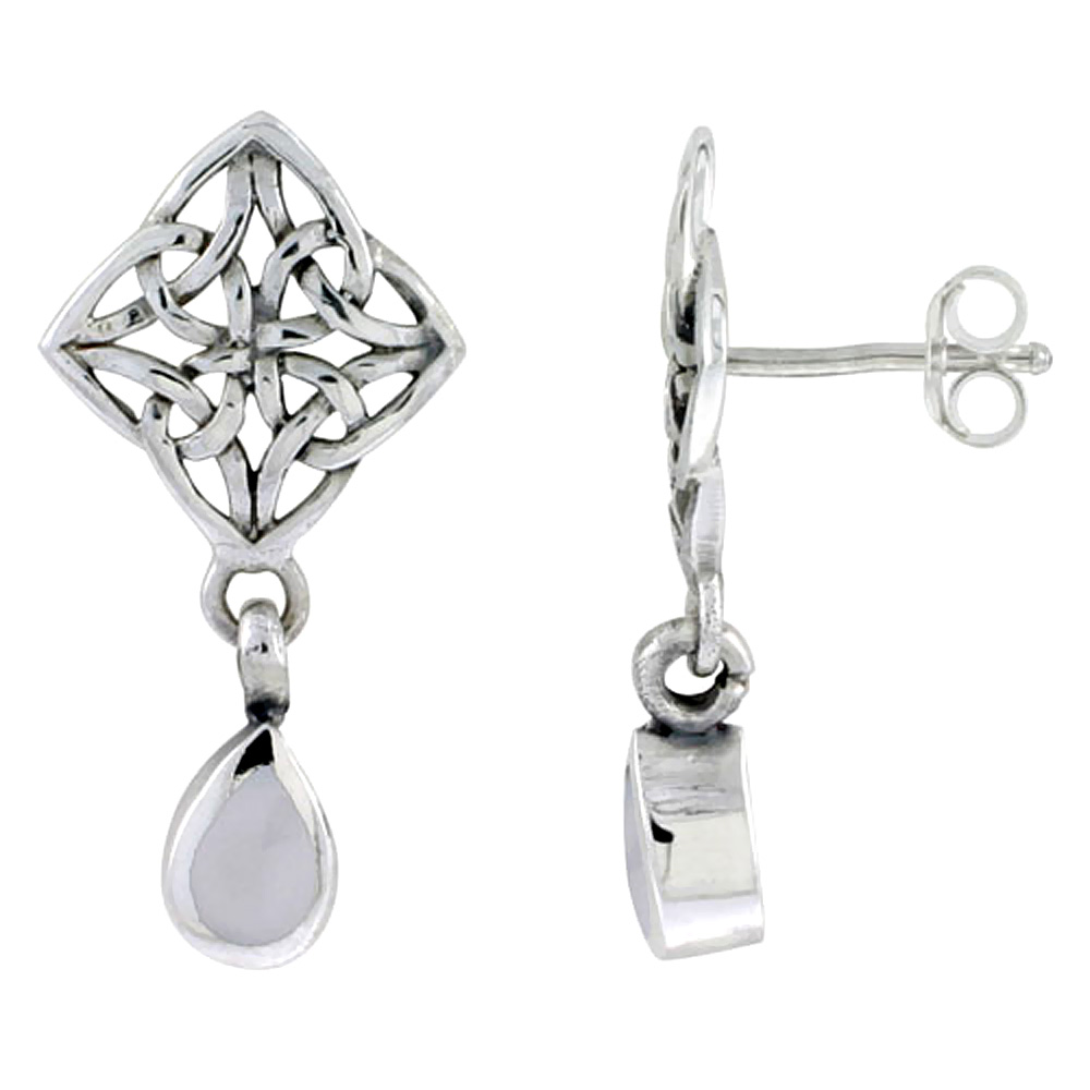 Sterling silver Trinity Symbol Celtic Cross of Triquetras Post Earrings Teardrop Mother of Pearl Oxidized Finish Women 1 inch long