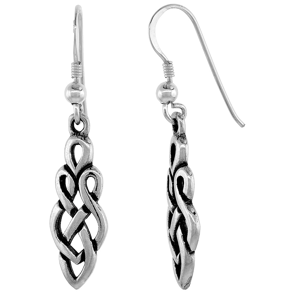 STERLING SILVER GODDESS KNOT CELTIC DANGLE EARRINGS BRAIDED LOOP DESIGN DANGLING FISHHOOK OXIDIZED FINISH WOMEN 1 INCH LONG